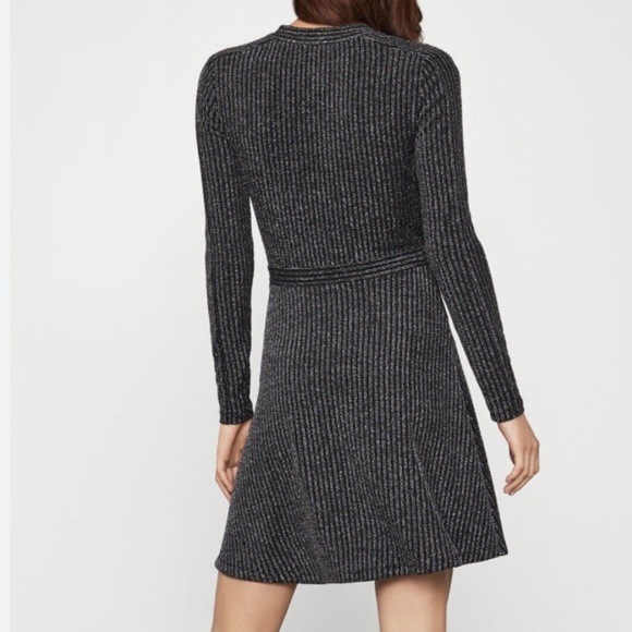 BCBG MAXAZRIA Silver on Black, Metallic lightweight knit Short Wrap Dress - Picture 2 of 14
